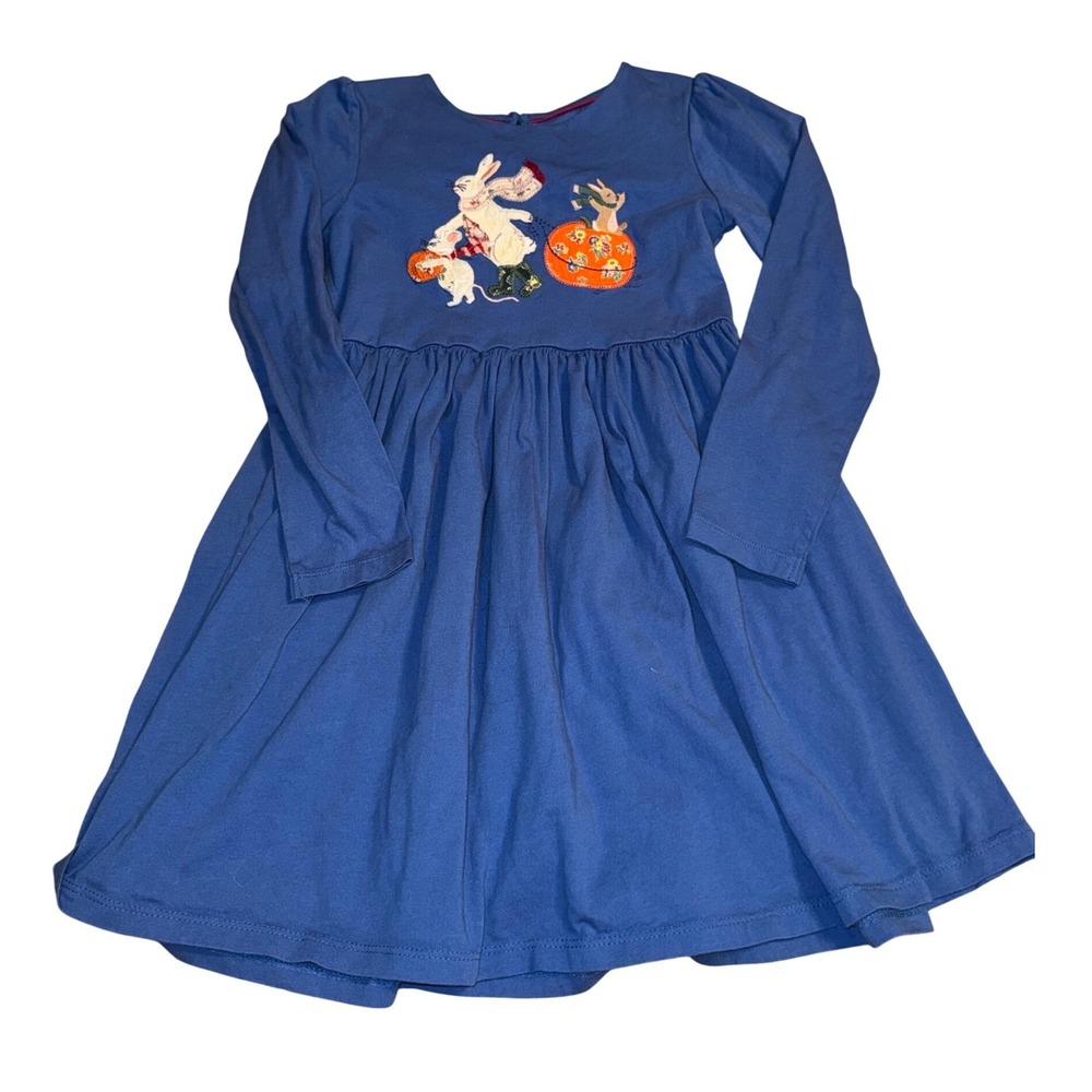 Mini Boden Girls Blue Pumpkin Bunny Applique Long Sleeve Jersey Dress 7-8Y